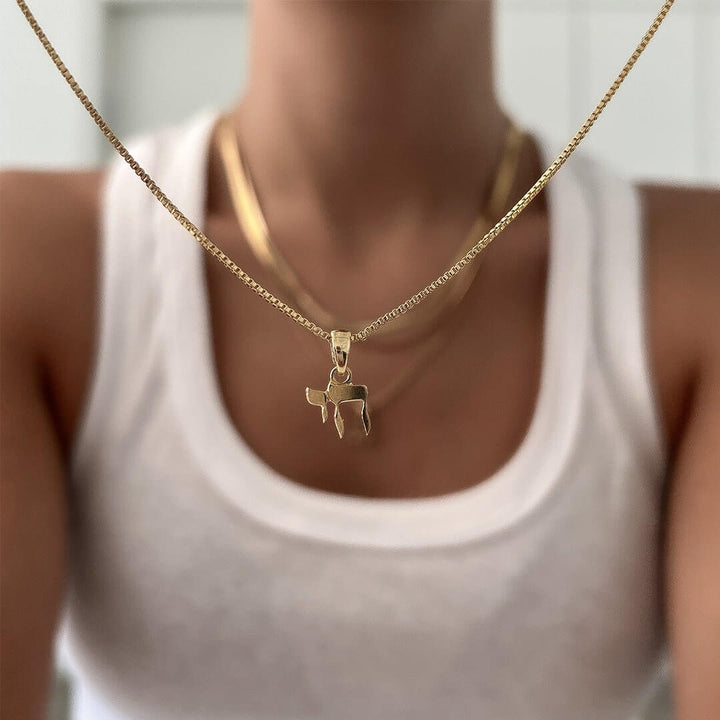 Chai Necklace worn by a person, showcasing the gold-plated Chai pendant on a delicate chain.