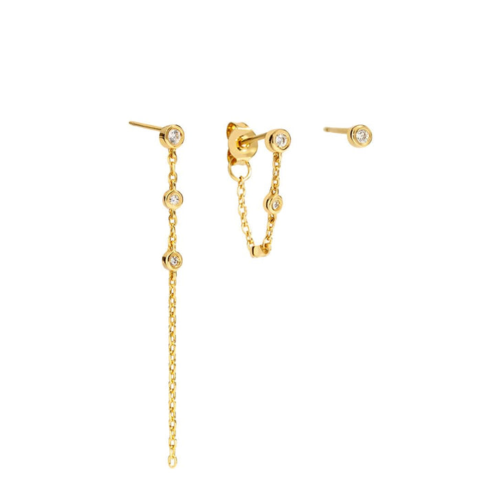 Libi Earrings Set featuring dainty gold studs and a stylish chain design with sparkling gemstones.