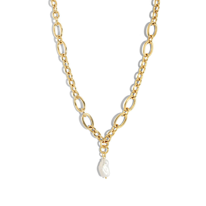 Lotus Chain Necklace featuring bold curb chain style and a single freshwater pearl accent.