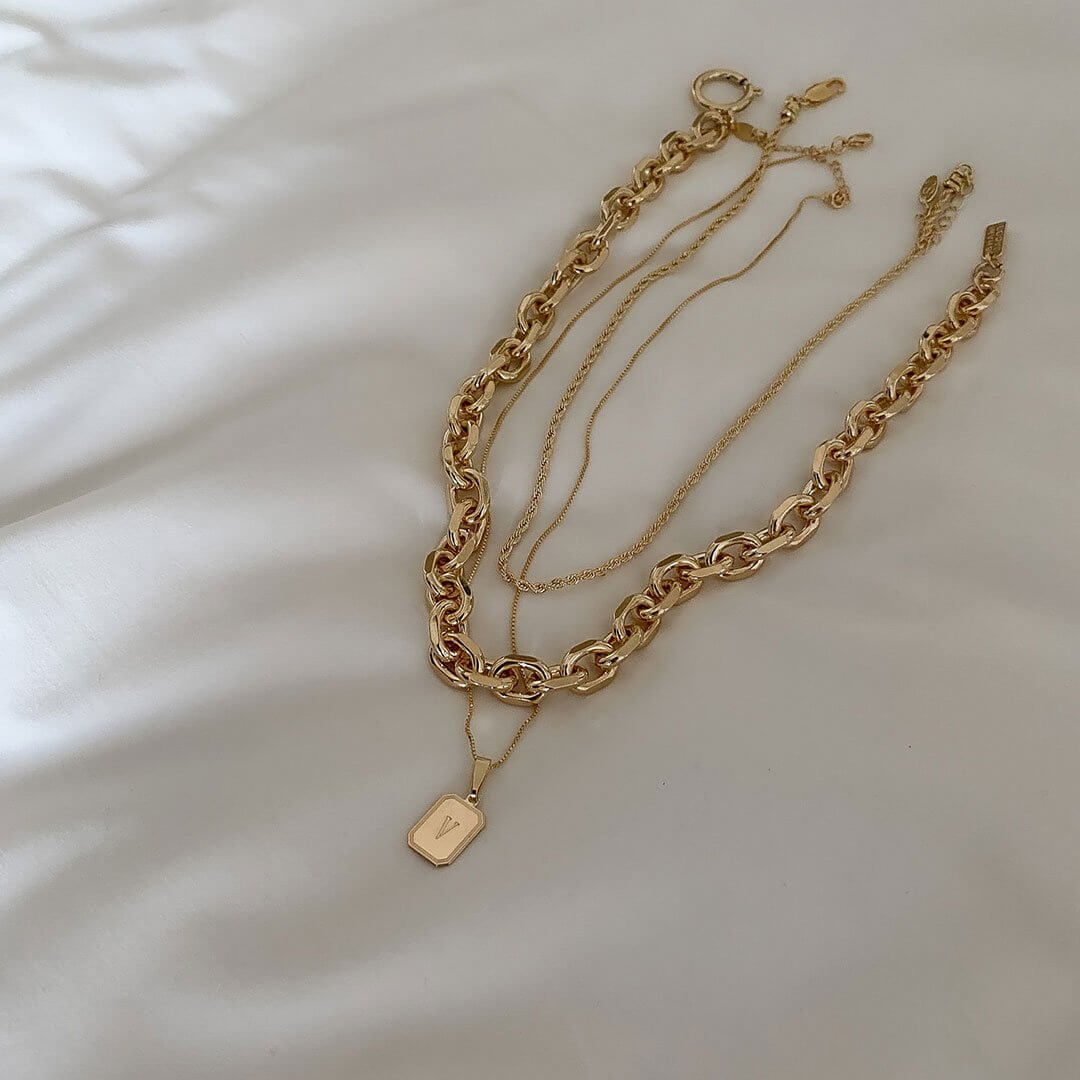 Dylan Necklace Set featuring Mali and Vintage Initial Necklaces in gold, perfect for layering and everyday style.