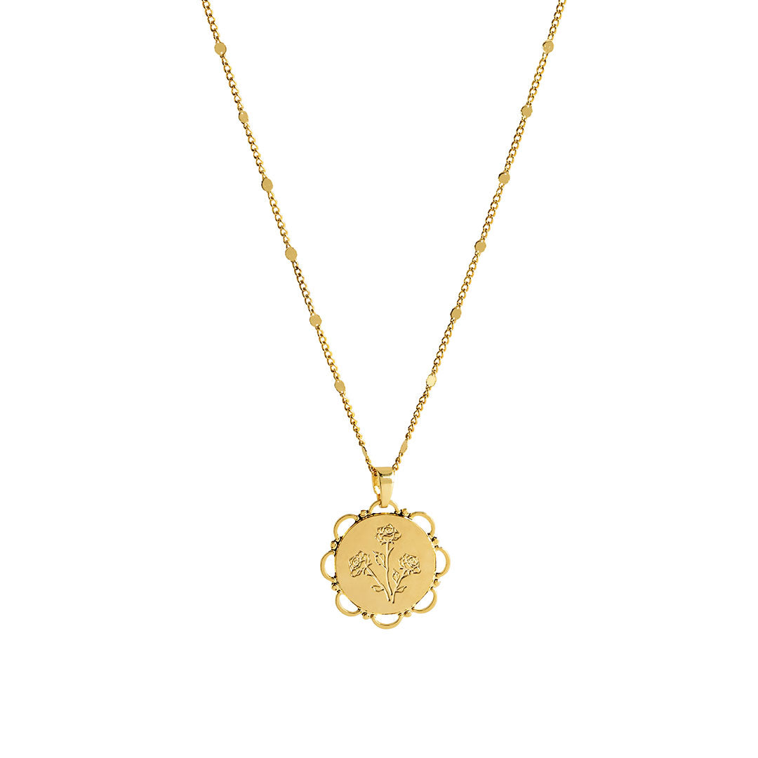 Lace Necklace featuring an elegant engraved pendant with floral design, perfect for layering or wearing alone.