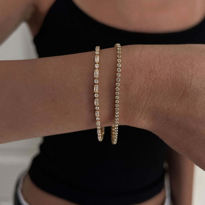 Shani Jacobi tennis bracelet set in 14K gold plated brass, featuring crystal stones, stylish and hypoallergenic.
