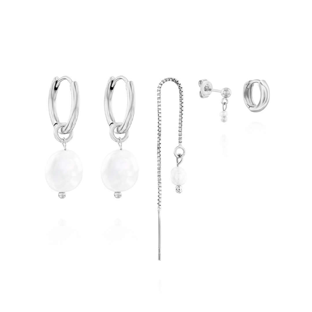 Ariel Earrings Set including hoops and freshwater pearls, perfect for stylish and elegant looks.