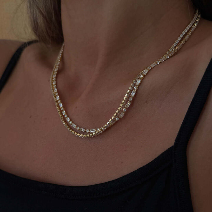 Kris Necklace by Shani Jacobi: 14K gold plated, crystal stones, hypoallergenic, elegant layered design.