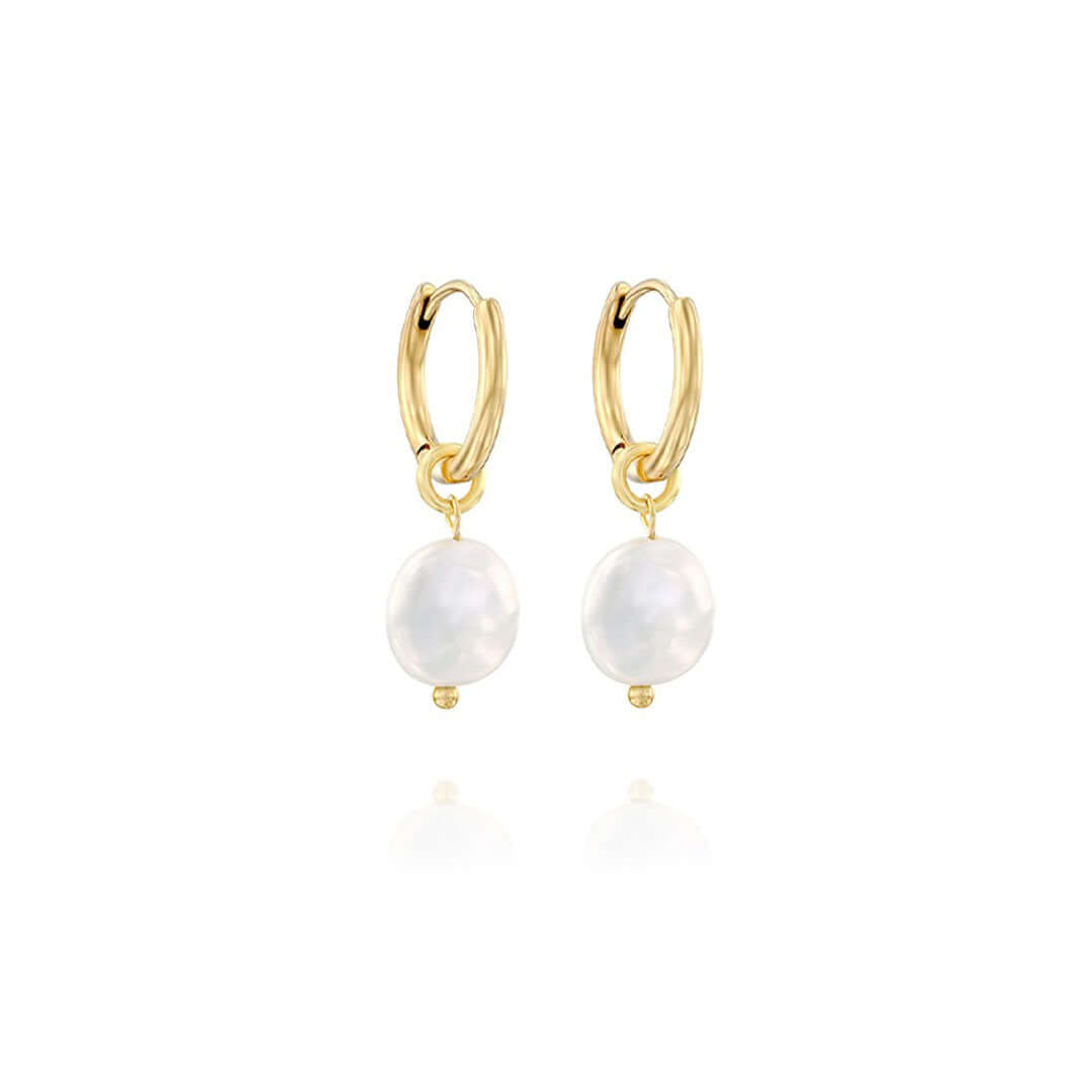 May Earrings featuring gold hoop design and freshwater pearl accents, perfect for day to night wear.