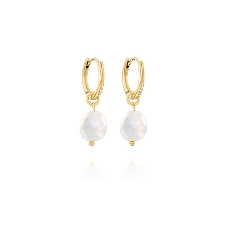 May Earrings featuring gold hoop design and freshwater pearl accents, perfect for day to night wear.