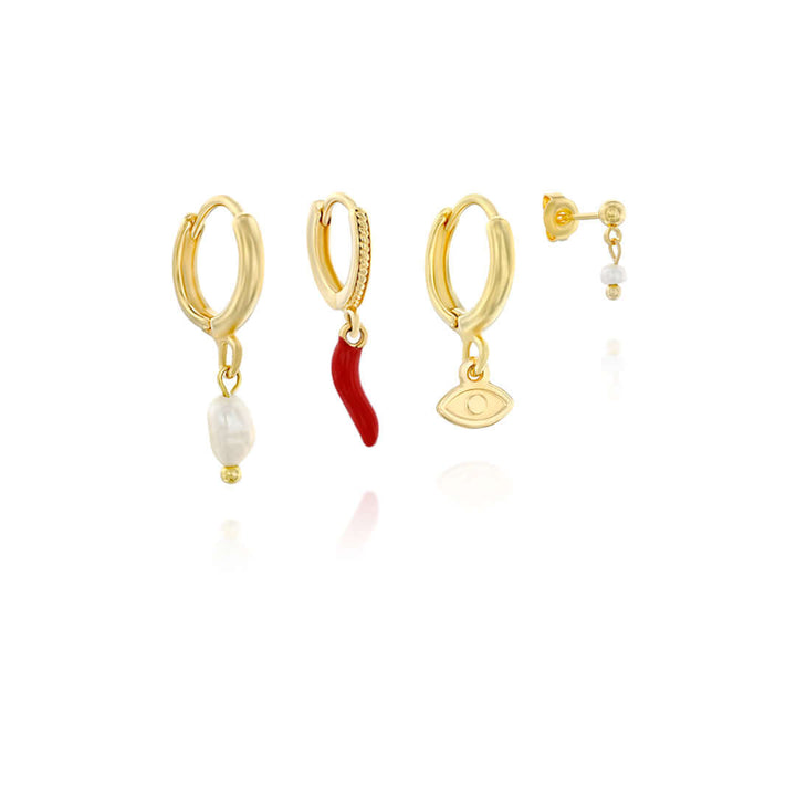 Naples Earrings Set showcasing golden hoops, red cornicello, evil eye charm, and pearl detail.