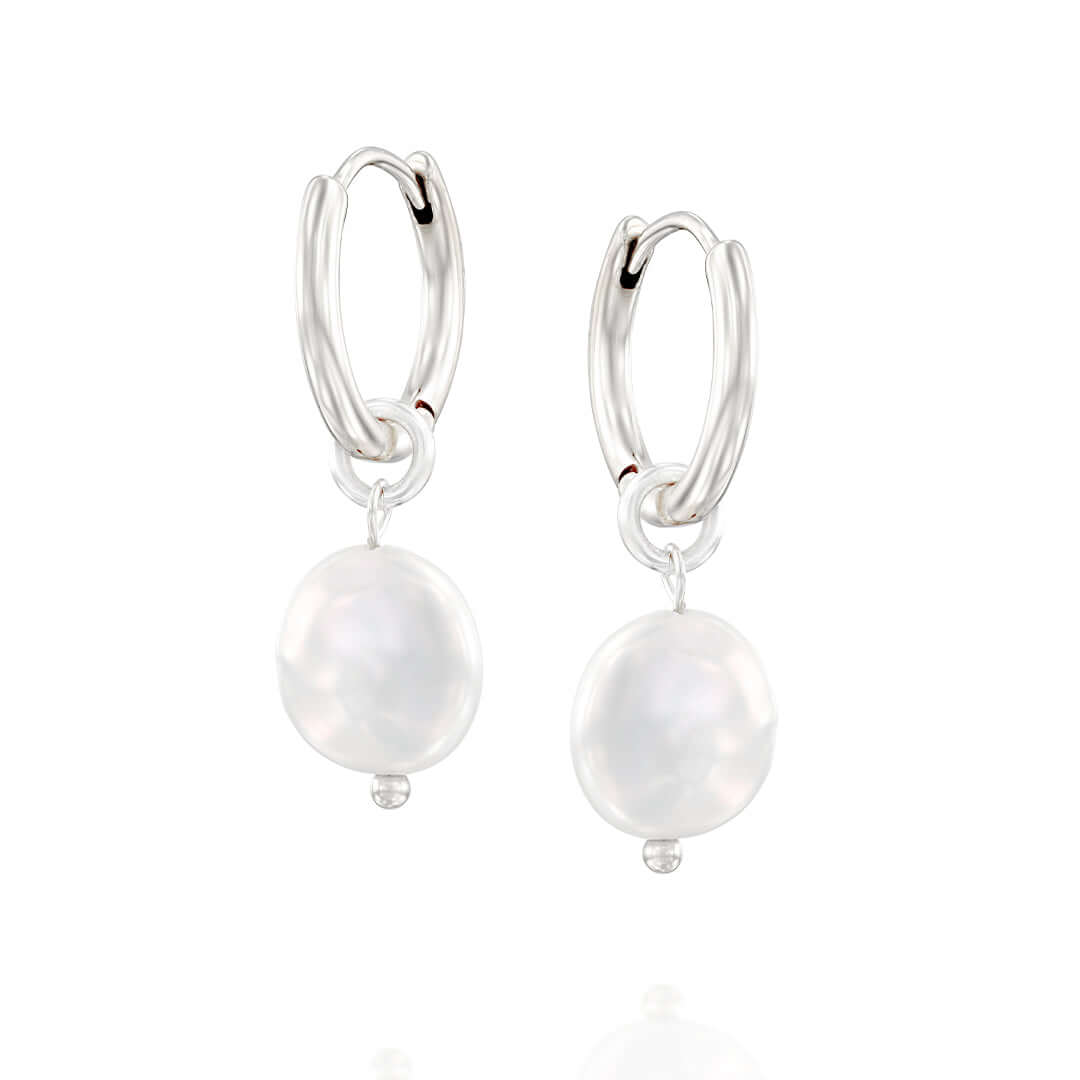 May Earrings featuring freshwater pearls on 14K gold and silver plated brass, hypoallergenic and nickel-free.