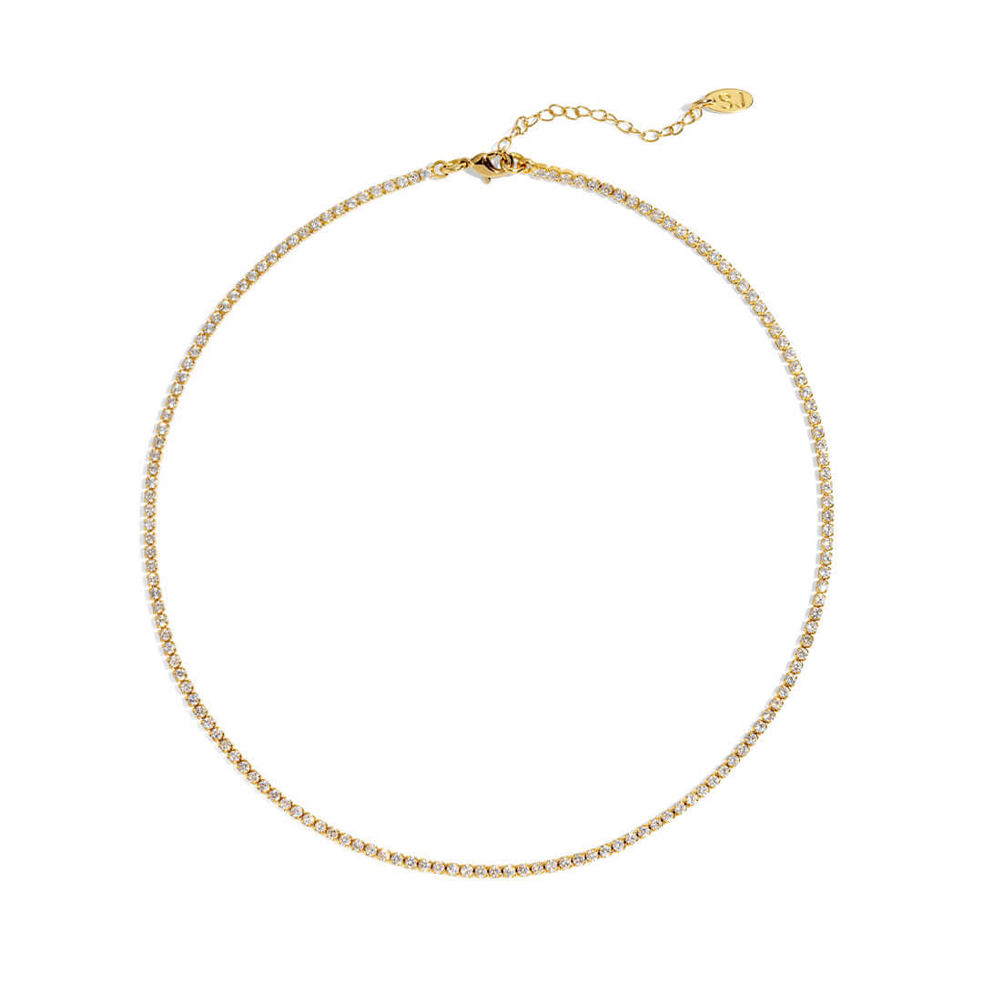 Elegant 14K gold plated tennis necklace with crystal stones by Shani Jacobi, 38cm length with extension for adjustable fit.