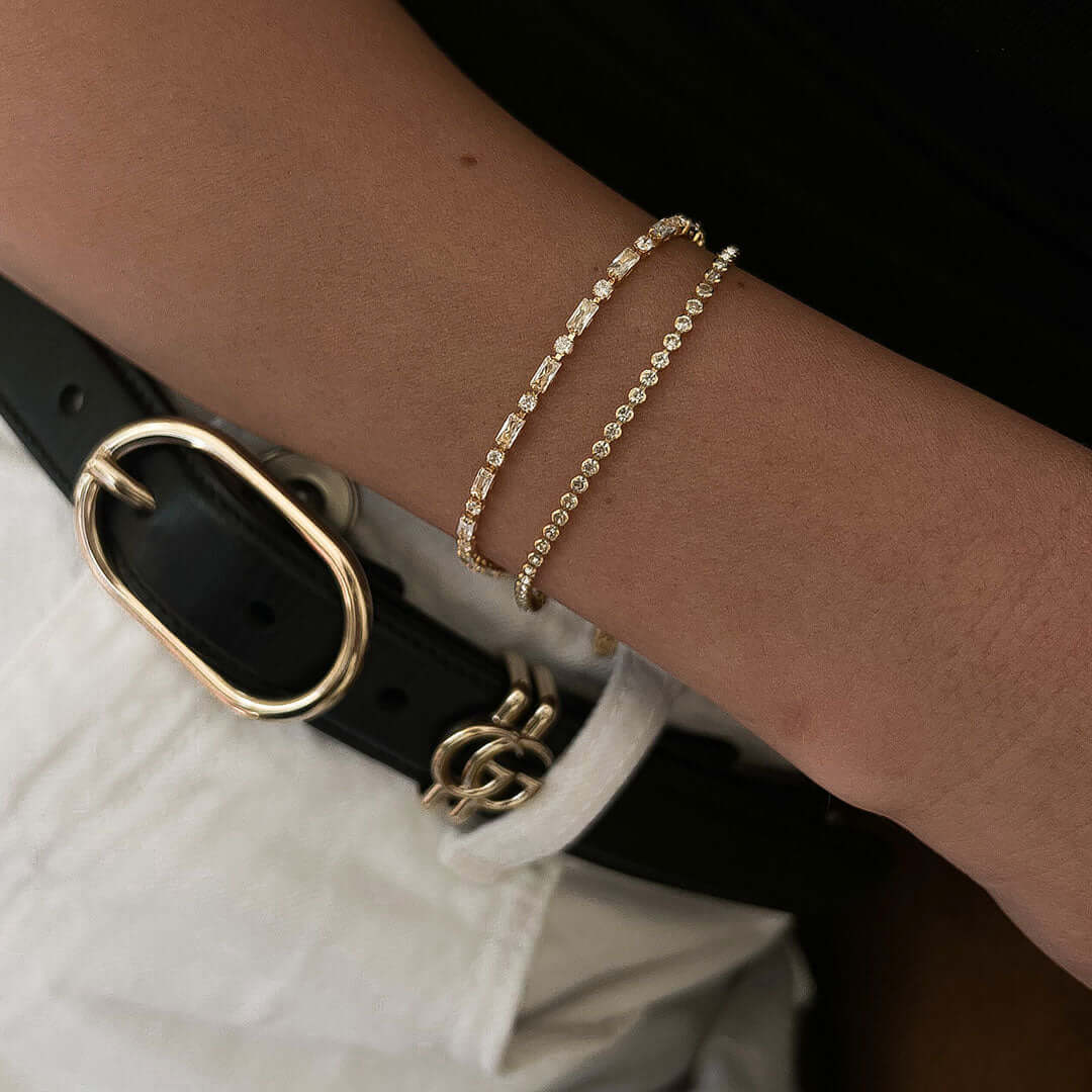 Tennis Bracelet Set showcasing a classic tennis bracelet and Kris bracelet worn together for stylish elegance.